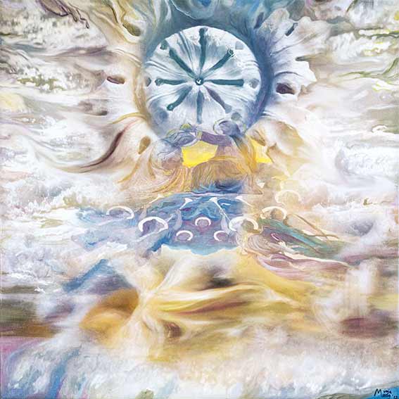 Bildtitel: „04. Heiliger Antonius“ Acryldruck und Ölmalerei auf Leinwand aus der Bilderserie „108 Lichtperlen“ von Mirja Lang
