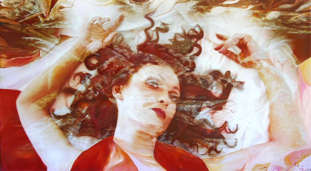 Bildtitel: „Ergebenheit“ Acryldruck und Ölmalerei auf Leinwand aus der Bilderserie „Göttinnen in ihrer Essenz“ von Mirja Lang
