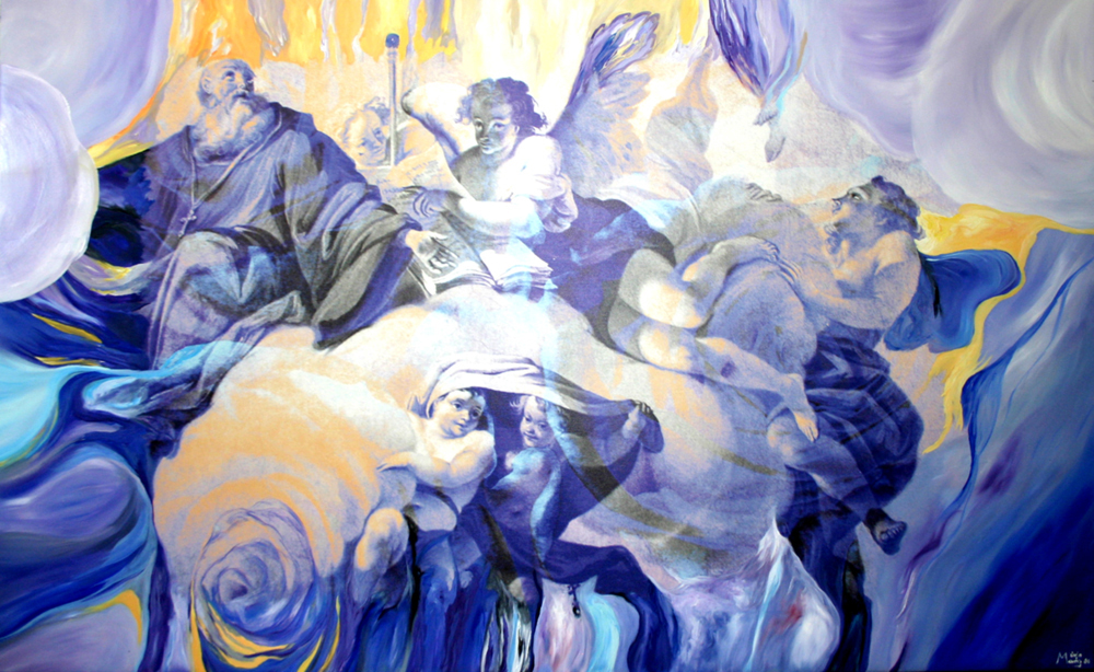 Bildtitel: „Die Schönheit der Dinge liegt in der Seele dessen, der sie betrachtet.“ (David Hume) Acryldruck und Ölmalerei auf Leinwand aus der Bilderserie „Engel auf Erden“ von Mirja Lan