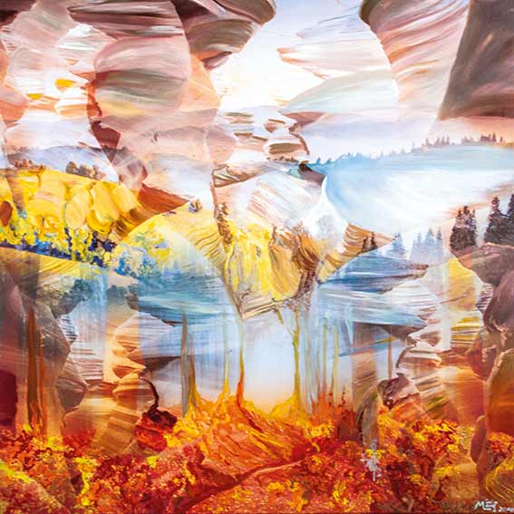 Bildtitel: „107. Sohaja“ Acryldruck und Ölmalerei auf Leinwand aus der Bilderserie „108 Lichtperlen“ von Mirja Lang

