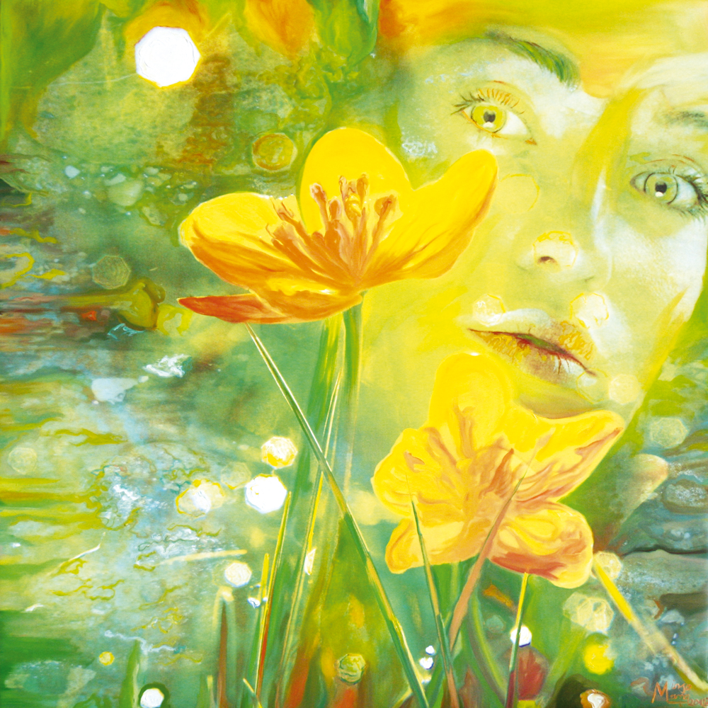 Bildtitel: „Hahnenfuß“ Kunstdruck auf Leinwand aus der Bilderserie „Blumenessenzen“ von Mirja Lang
