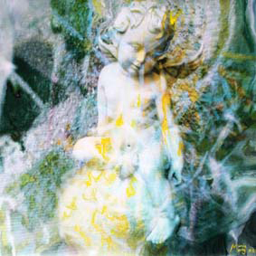 Bildtitel: „Was du suchst, ist das, was sucht.“ (anonym) Acryldruck und Olmalerei auf Leinwand aus der Bilderserie „Engel auf Erden“ von Mirja Lang