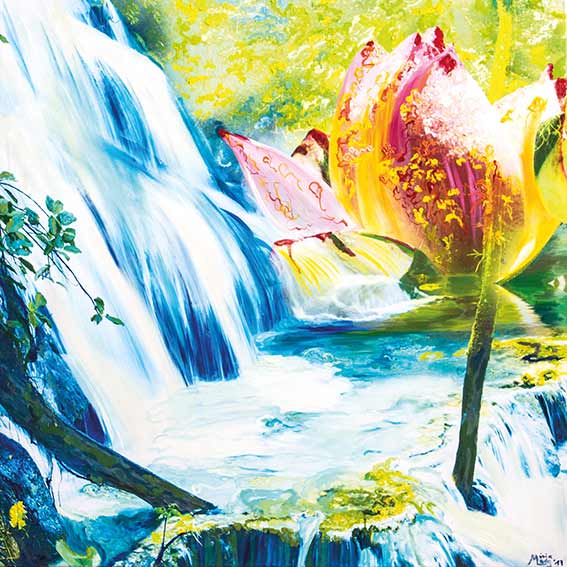 Bildtitel: „106. Sindanmanaha“ Acryldruck und Ölmalerei auf Leinwand aus der Bilderserie „108 Lichtperlen“ von Mirja Lang
