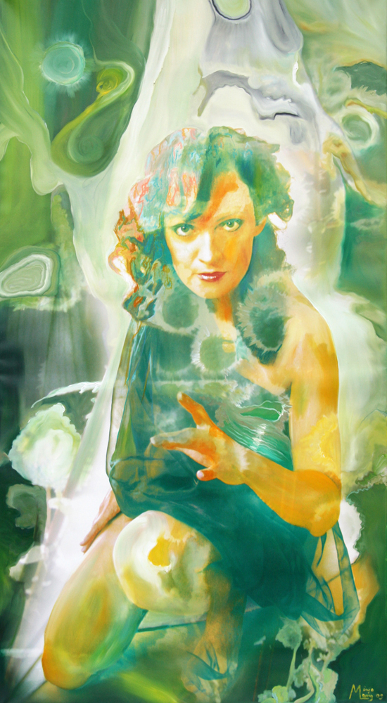Bildtitel: „Bewahrung“ Acryldruck und Ölmalerei auf Leinwand aus der Bilderserie „Göttinnen in ihrer Essenz“ von Mirja Lang
