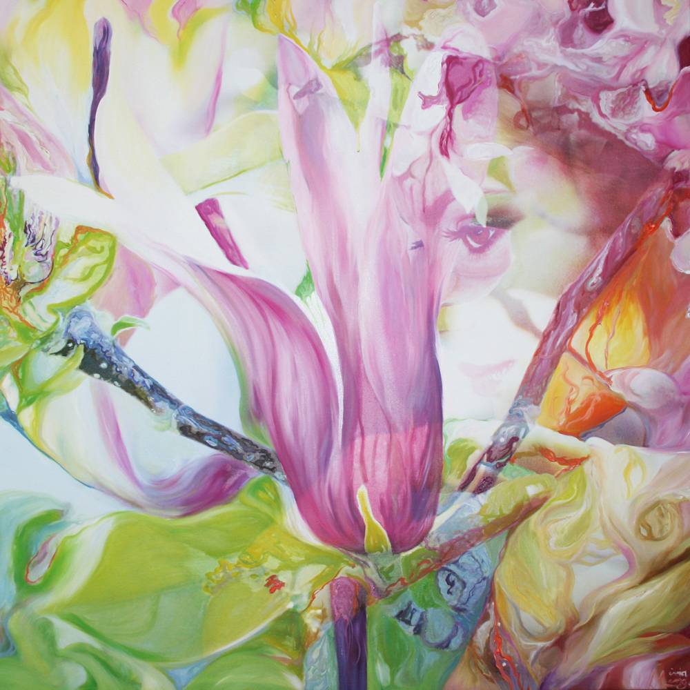 Bildtitel: „Tulpenbaum“ Acryldruck und Ölmalerei auf Leinwand aus der Bilderserie „Blumenessenzen“ von Mirja Lang